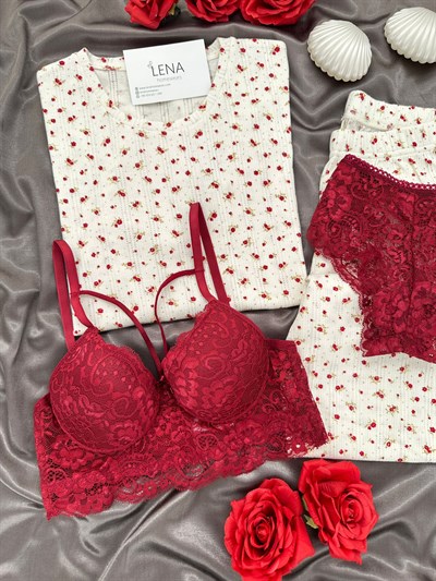 Bordo Çiçek Pamuklu Dörtlü Pijama Takımı