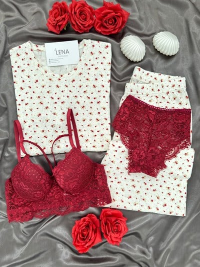 Bordo Çiçek Pamuklu Dörtlü Pijama Takımı