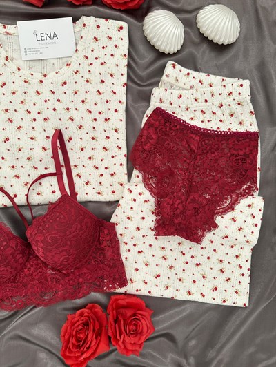 Bordo Çiçek Pamuklu Dörtlü Pijama Takımı
