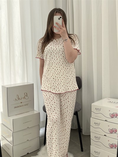 Bordo Çiçek Pamuklu Kısa Kollu Pijama Takımı