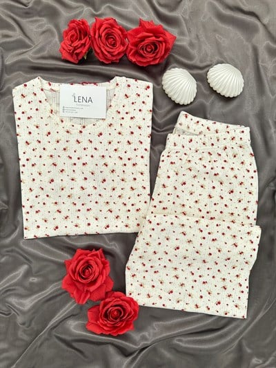 Bordo Çiçek Pamuklu Kısa Kollu Pijama Takımı