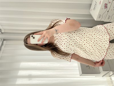 Bordo Çiçek Pamuklu Kısa Kollu Pijama Takımı