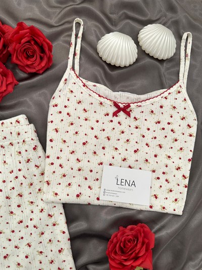 Bordo Çiçek Pamuklu Şortlu Pijama Takımı