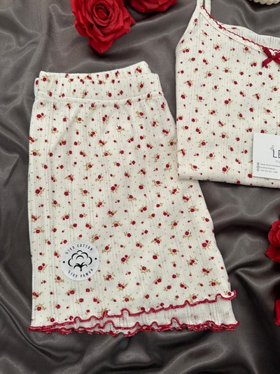 Bordo Çiçek Pamuklu Şortlu Pijama Takımı