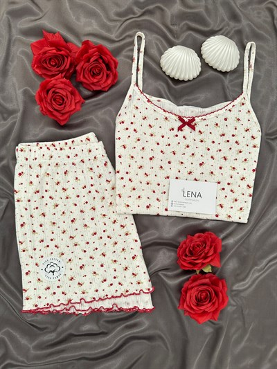 Bordo Çiçek Pamuklu Şortlu Pijama Takımı