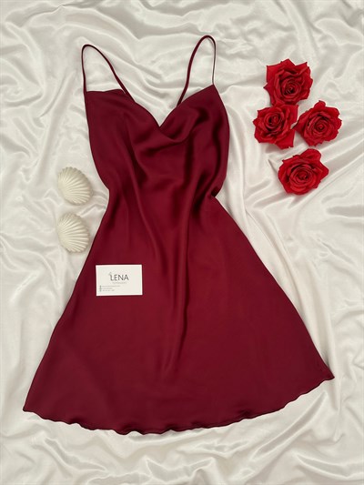 Bordo Degaje Yaka Saten Gecelik