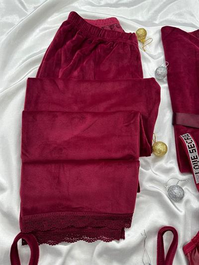Bordo Deri & Kadife 5li Takım