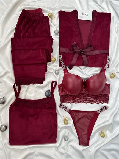 Bordo Deri & Kadife 5li Takım