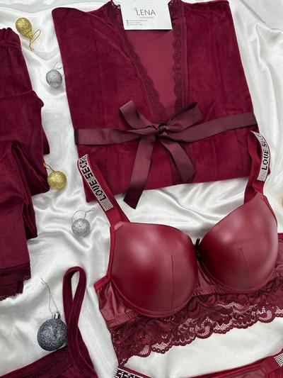 Bordo Deri & Kadife 5li Takım