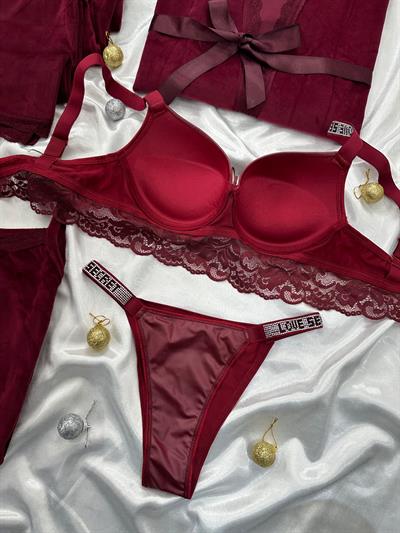 Bordo Deri & Kadife 5li Takım