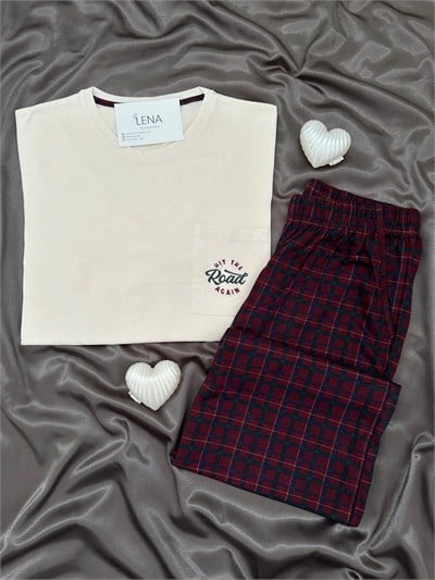 Bordo Ekose Erkek Uzun kollu Pamuklu Pijama Takımı