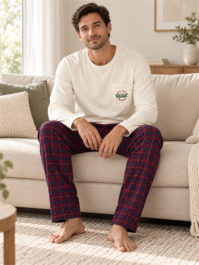 Bordo Ekose Erkek Uzun kollu Pamuklu Pijama Takımı