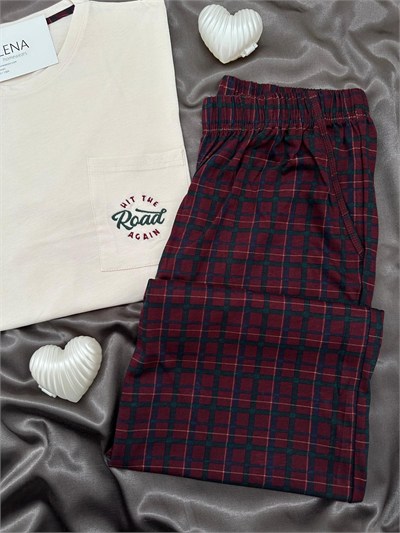 Bordo Ekose Erkek Uzun kollu Pamuklu Pijama Takımı