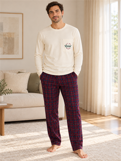 Bordo Ekose Erkek Uzun kollu Pamuklu Pijama Takımı