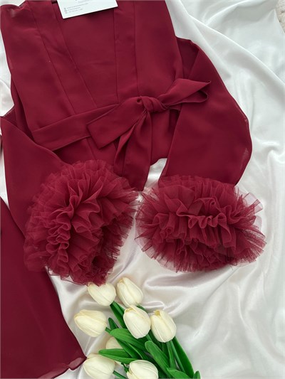 Bordo Firuze Tüllü Gecelik & Sabahlık İkili Takım