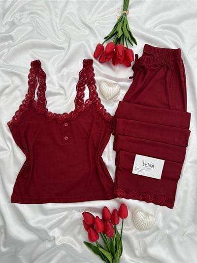 Bordo Fransis Askılı Pijama Takımı