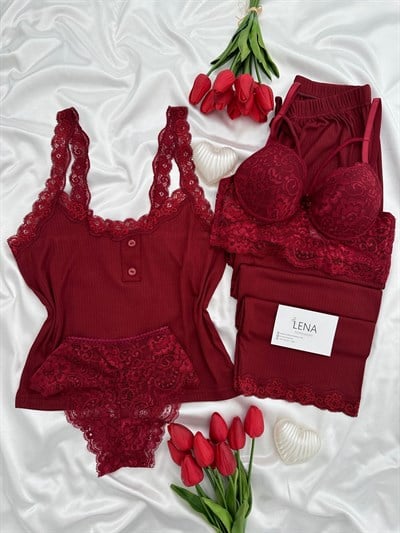 Bordo Fransis Dörtlü Pijama & Çamaşır Seti