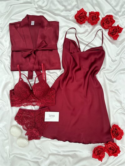 Bordo Jasmin Dörtlü Gecelik & Çamaşır Seti