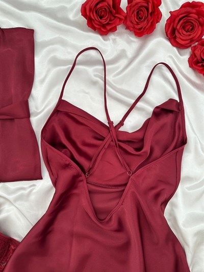 Bordo Jasmin Sabahlık & Saten Gecelik