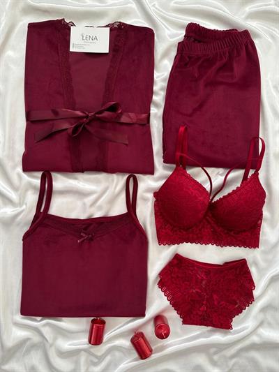 Bordo Kadife Sabahlıklı 5li Pijama Set