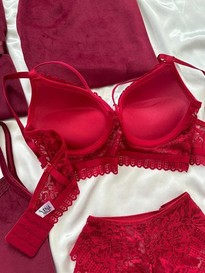 Bordo Kadife Sabahlıklı 5li Pijama Set