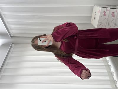 Bordo Kadife Sabahlıklı Kadın Pijama Takımı