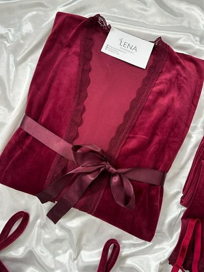 Bordo Kadife Sabahlıklı Kadın Pijama Takımı