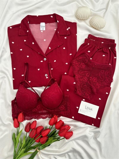 Bordo Kalp Desenli Dörtlü Kısa Kollu Pijama Takımı