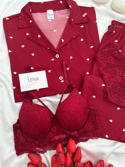 Bordo Kalp Desenli Dörtlü Kısa Kollu Pijama Takımı
