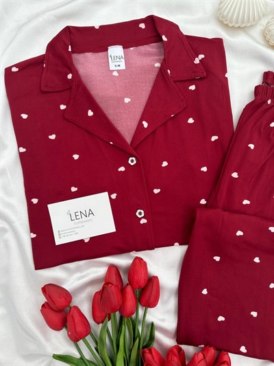 Bordo Kalp Desenli Kısa Kollu Pijama Takımı