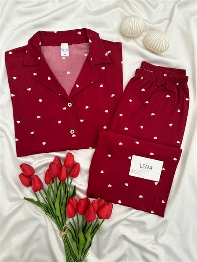 Bordo Kalp Desenli Kısa Kollu Pijama Takımı