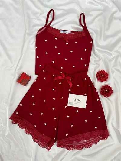 Bordo Kalp Desenli Şortlu Pijama Takımı