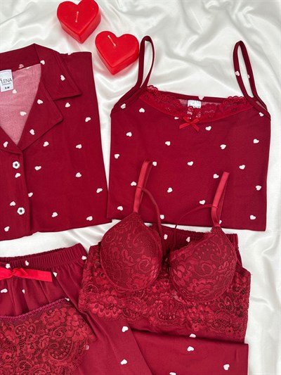 Bordo Kalpli Milan 6lı Pijama & Çamaşır Seti