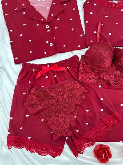 Bordo Kalpli Milan 6lı Pijama & Çamaşır Seti