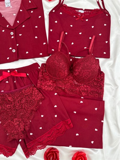 Bordo Kalpli Milan 6lı Pijama & Çamaşır Seti