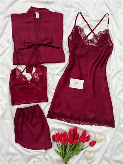 Bordo Magic 4lü Saten Gecelik Seti