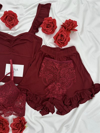 Bordo Milas Şortlu Pijama & Çamaşır Seti