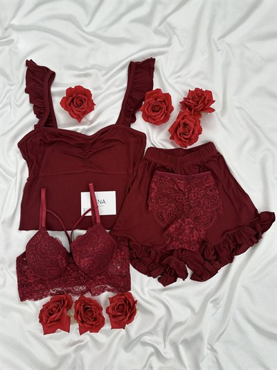 Bordo Milas Şortlu Pijama & Çamaşır Seti