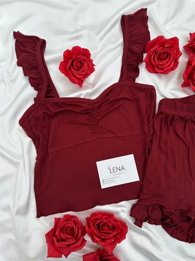 Bordo Milas Şortlu Pijama Takımı