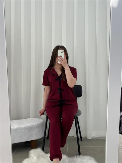 Bordo Önden Fiyonk Detaylı Kısa Kollu Pijama Takımı 