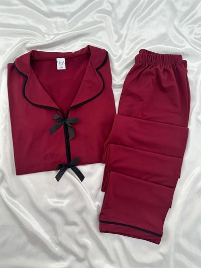 Bordo Önden Fiyonk Detaylı Kısa Kollu Pijama Takımı 