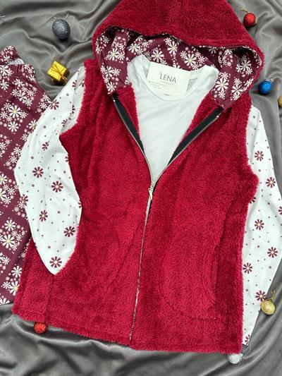 Bordo Peluş Yelekli 3lü Takım
