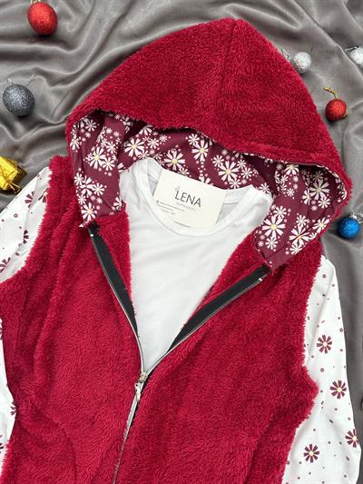 Bordo Peluş Yelekli 3lü Takım