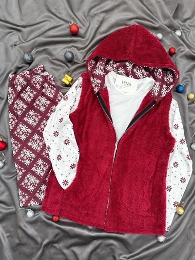Bordo Peluş Yelekli 3lü Takım