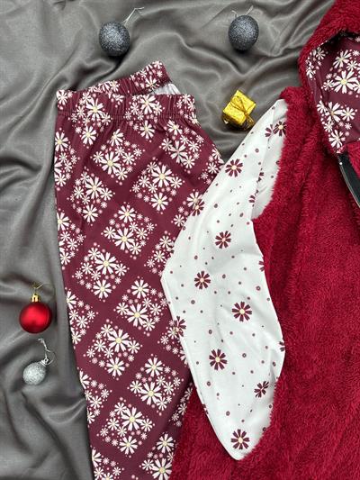 Bordo Peluş Yelekli 3lü Takım
