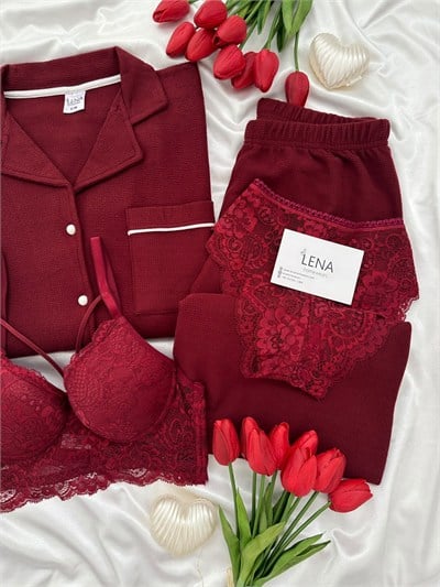 Bordo Sade 4lü Waffle Pijama Takımı