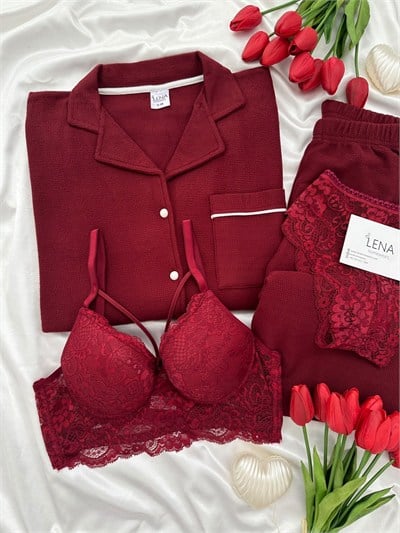 Bordo Sade 4lü Waffle Pijama Takımı