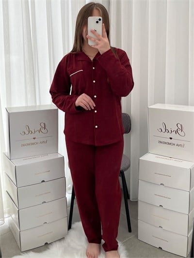 Bordo Sade Uzun Kollu Waffle Pijama Takımı