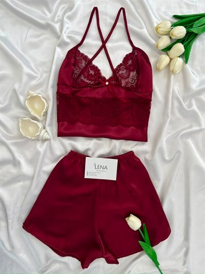 Bordo Saten Şortlu Takım