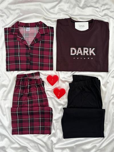 Bordo Sevdam 4 Parça Çift Pijama Seti